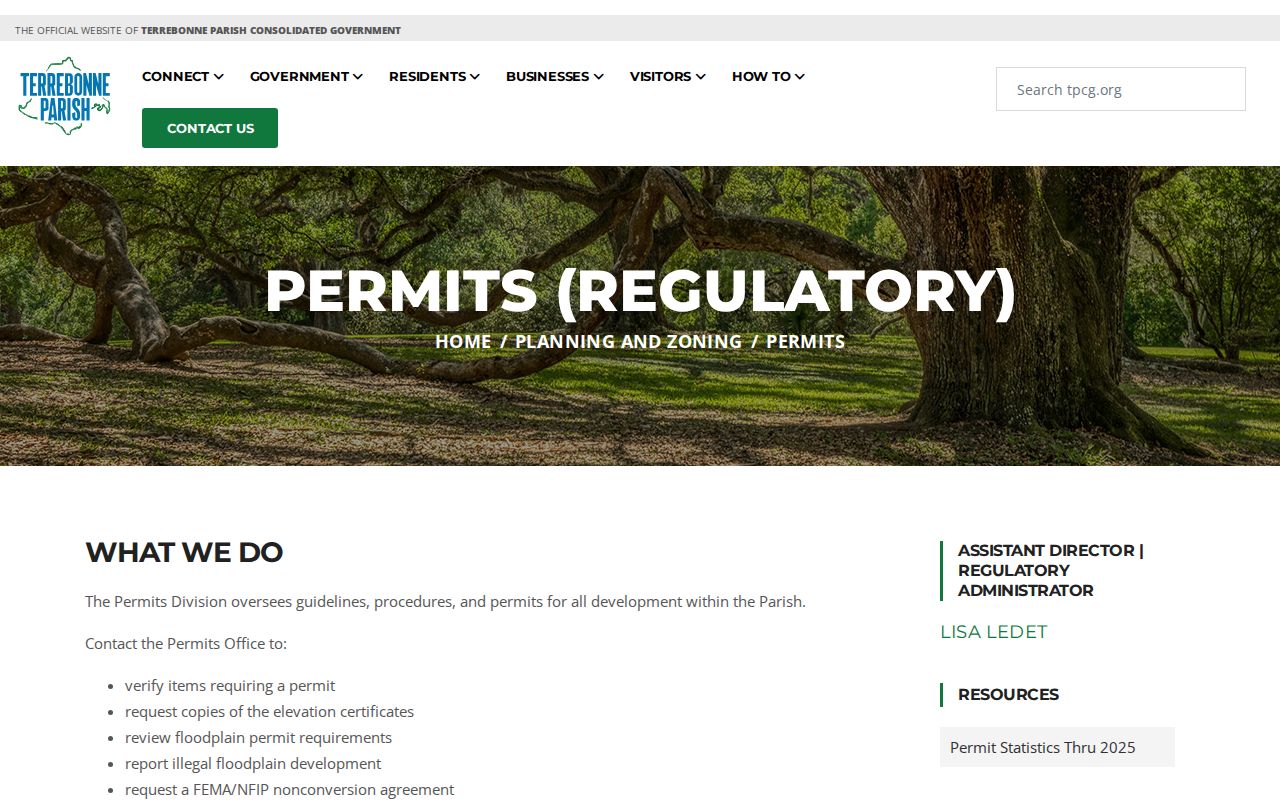 TPCG permit page with office and online permit access for Houma addresses