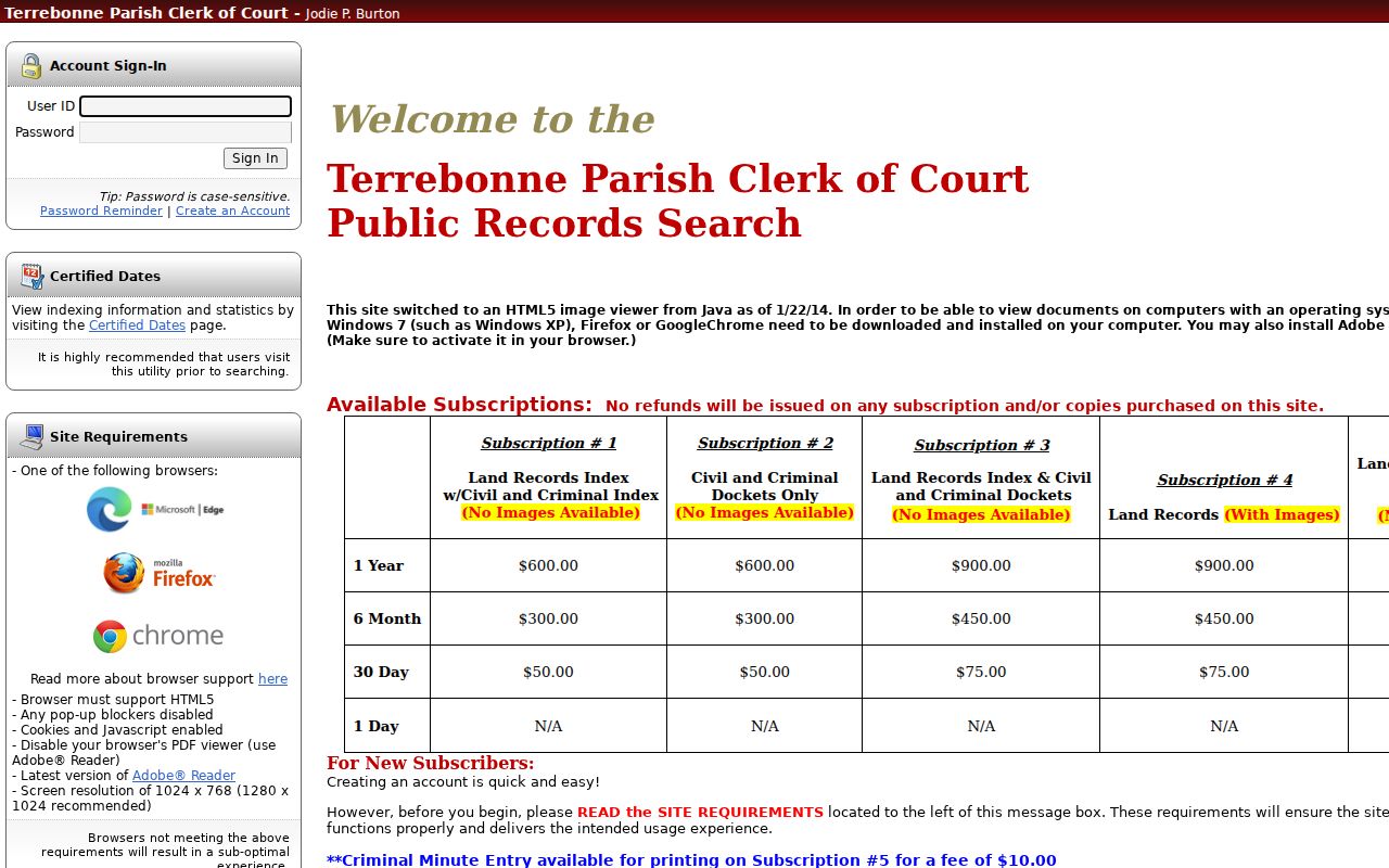 Terrebonne Parish Clerk index login for Houma deed research