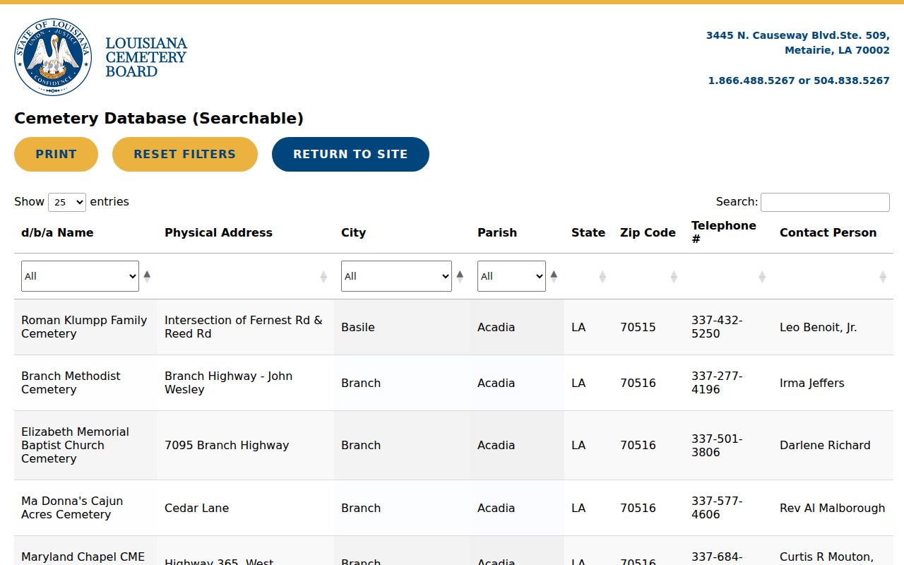 Louisiana Cemetery Board listing used to locate Terrebonne burial-record custodians