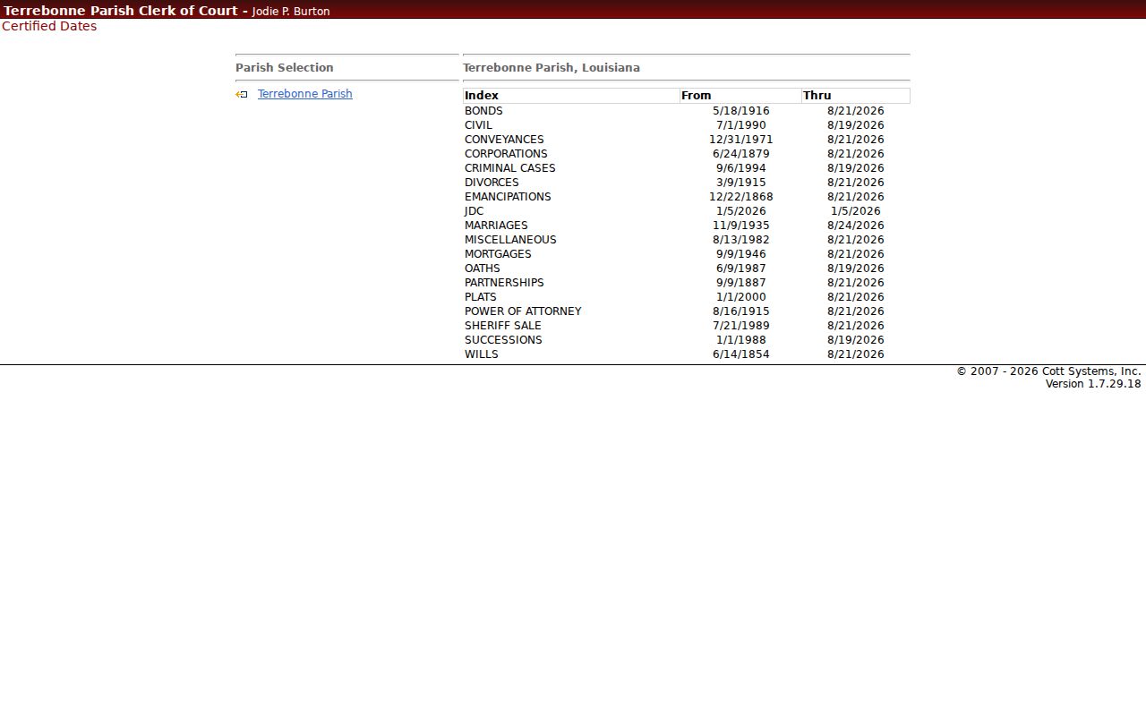 Houma resident lookup Clerk certified index dates